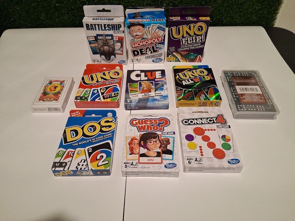 Family Card Games Lot of 11 Uno Flip All Wild Dos Monopoly Deal Clue Dominoes